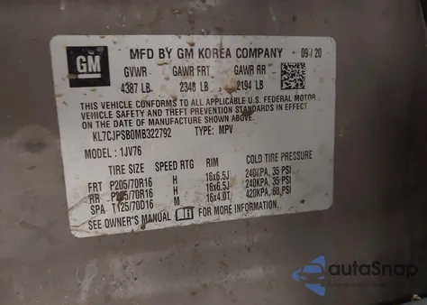 2021 Chevrolet Trax Awd Lt from USA, damaged, VIN KL7CJPSB0MB322792